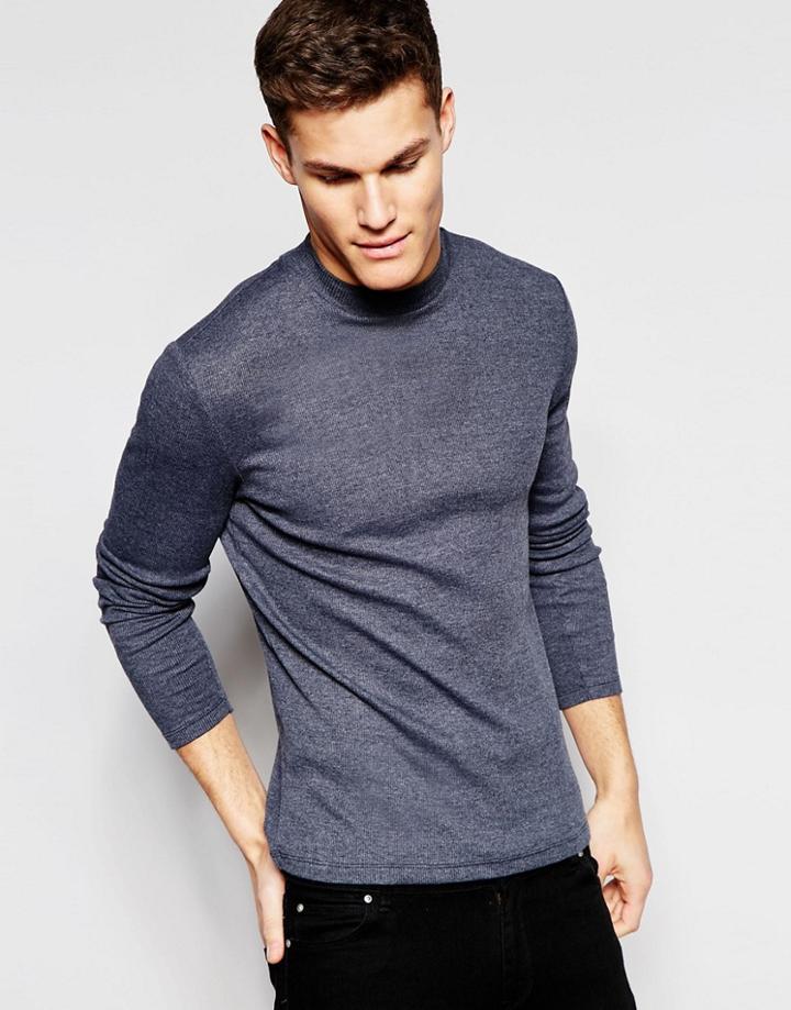 Asos Rib Extreme Muscle Long Sleeve T-shirt With Turtleneck In Navy - Navy
