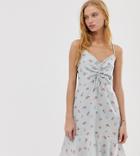 Warehouse Ditsy Print Ruched Dress In Pale Blue - Multi