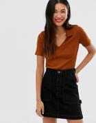 Monki Ribbed V-neck Short-sleeve Top In Rust - Brown