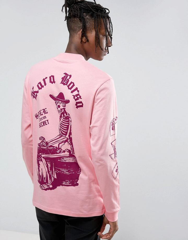 Asos Relaxed Long Sleeve T-shirt With Macabre Front And Back Print - Pink