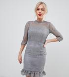 Chi Chi London Petite High Neck Lace Dress With Open Back In Gray