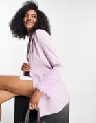 Asos Design Jersey Longline Blazer With Faux Feather Cuff In Lilac-purple