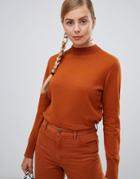 Monki Lightweight High Neck Sweater In Rust - Orange