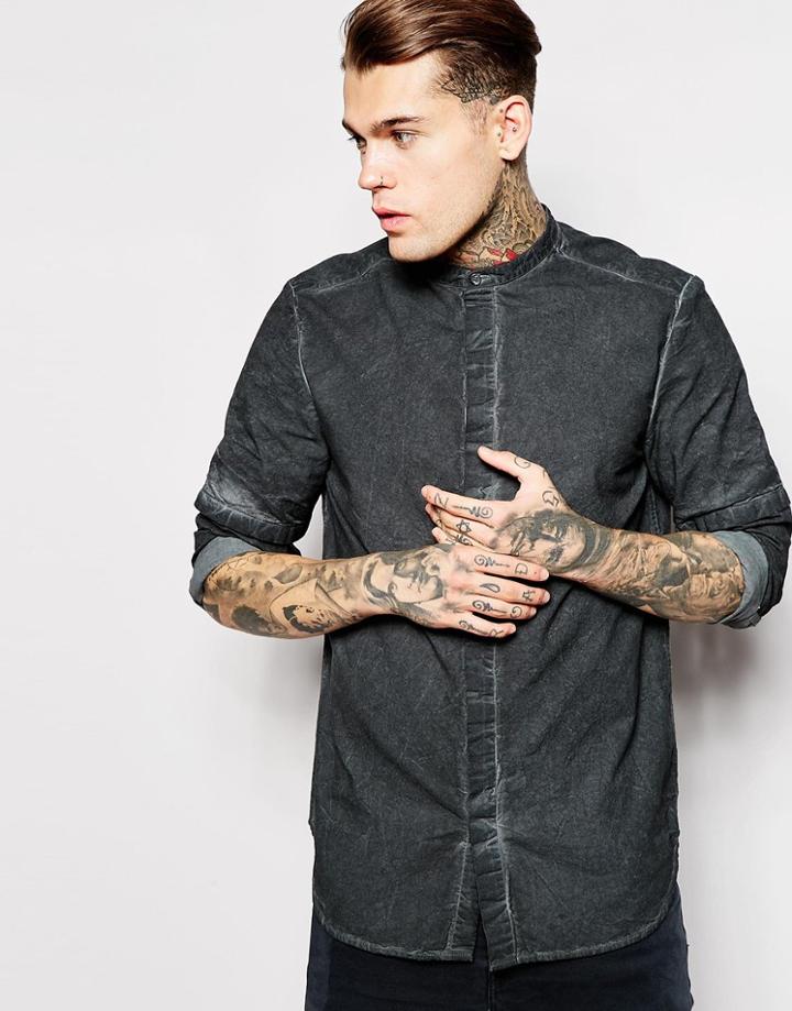 Asos Layered Shirt In Long Sleeve With Grandad Collar - Black
