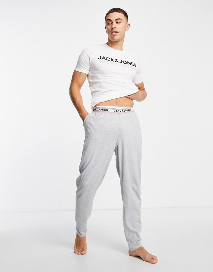 Jack & Jones Lounge T-shirt & Bottoms Set With Chest Logo In White And Gray-multi