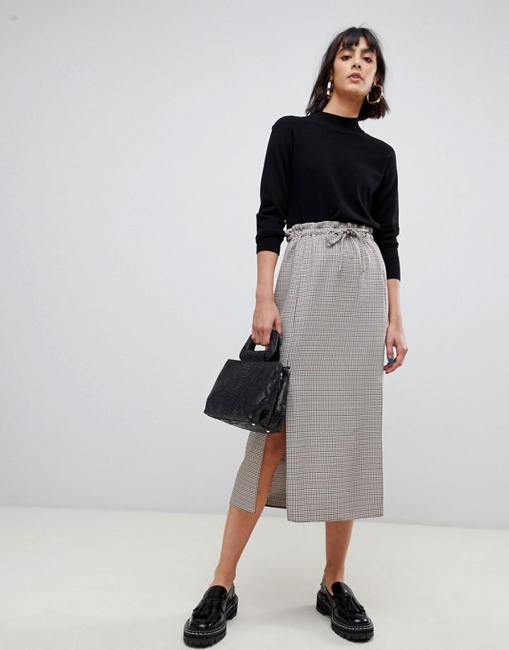 Asos Design Check Paperbag Midi Skirt With Splits-multi