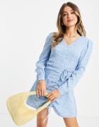Daisy Street Long Sleeve Mini Dress With Ruched Front In Floral Micro Print-blues