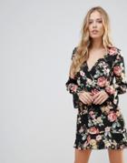 Oh My Love Floral Wrap Frill Long Sleeve Dress - Multi