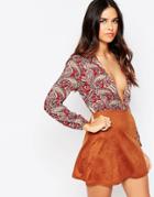 Rare Plunge Dress With Faux Suede Skirt - Multi