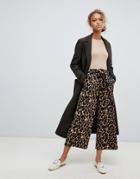 New Look Tie Waist Crop Pants In Leopard Print - Brown