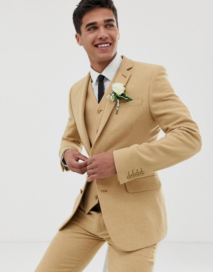 Asos Design Wedding Super Skinny Suit Jacket In Stone Wool Blend Micro Check-beige