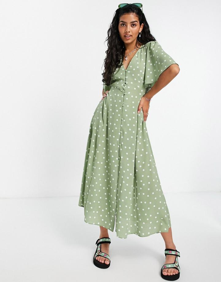 Asos Design Button Through Tie Back Midi Tea Dress With Angel Sleeve In Green Spot Print-multi