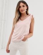 Asos Design Tank With Tie Shoulder With Contrast Stitching - Pink