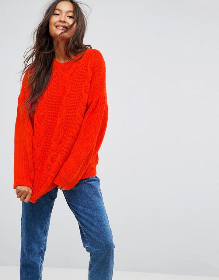 Asos Sweater In Cable With Volume Sleeves - Pink