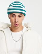 Topman Stripe Beanie In Recycled Polyester Blend In Teal And Green