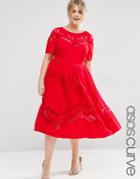 Asos Curve Premium Pleated Midi Dress With Lace Inserts - Red