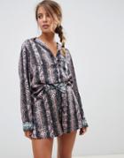 Asos Design Satin Snake Print Traditional Pyjama Shirt And Short Pyjama - Multi