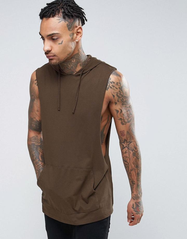 Asos Longline Sleeveless T-shirt With Hood And Extreme Dropped Armhole - Brown