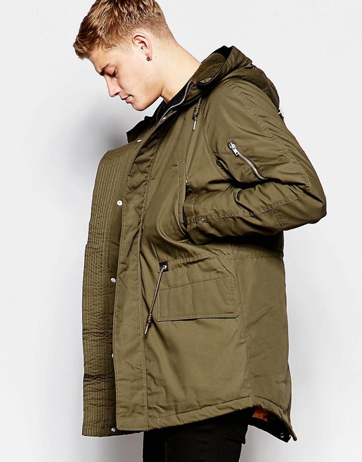 Pull & Bear Parka Jacket With Faux Shearling Hood In Khaki - Green