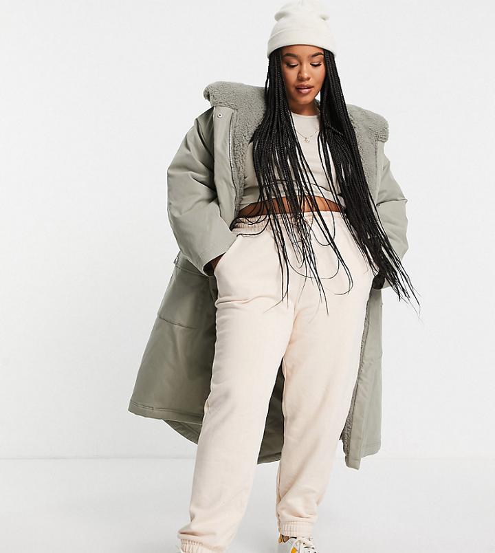 Asos Design Curve Waterfall Parka Coat In Khaki-grey