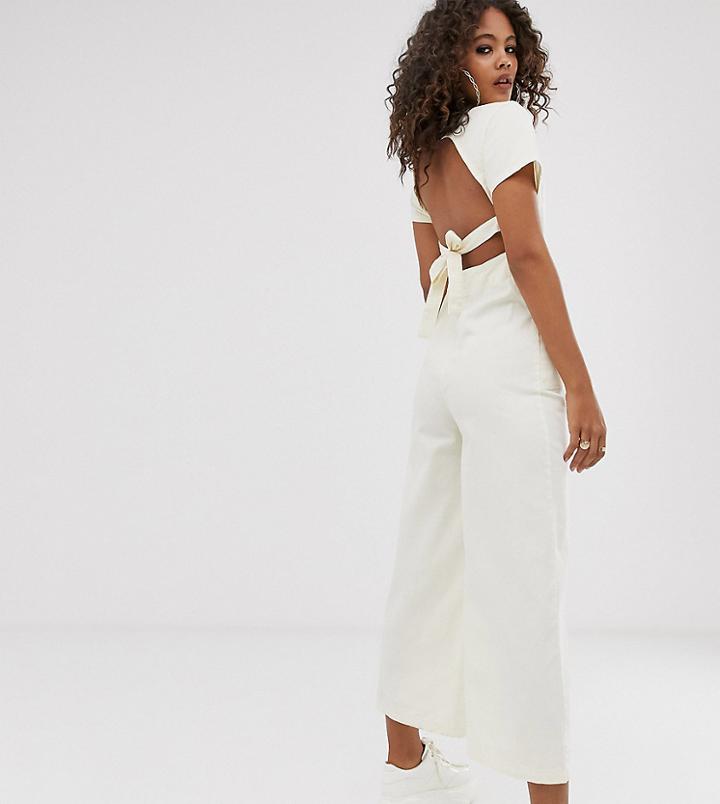 Asos Design Tall Denim Button Through Jumpsuit With Open Back In Ecru-white