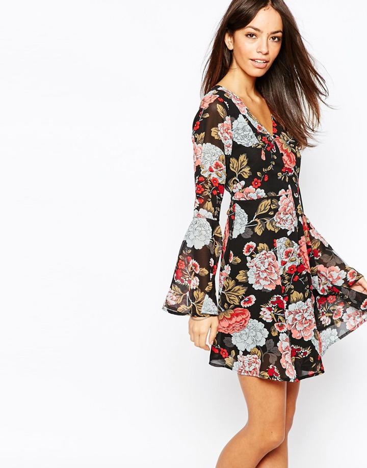 Fallen Star Overscale Floral Plunge Mini Dress - Multi
