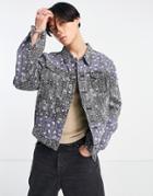 Liquor N Poker Oversized Trucker Jacket In Black Floral And Blue Paisley Splicing-multi