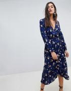 Influence Floral Midi Wrap Dress With Ruffle - Navy