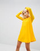 Asos Mini Swing Dress With Seam Detail And Trumpet Sleeve - Yellow
