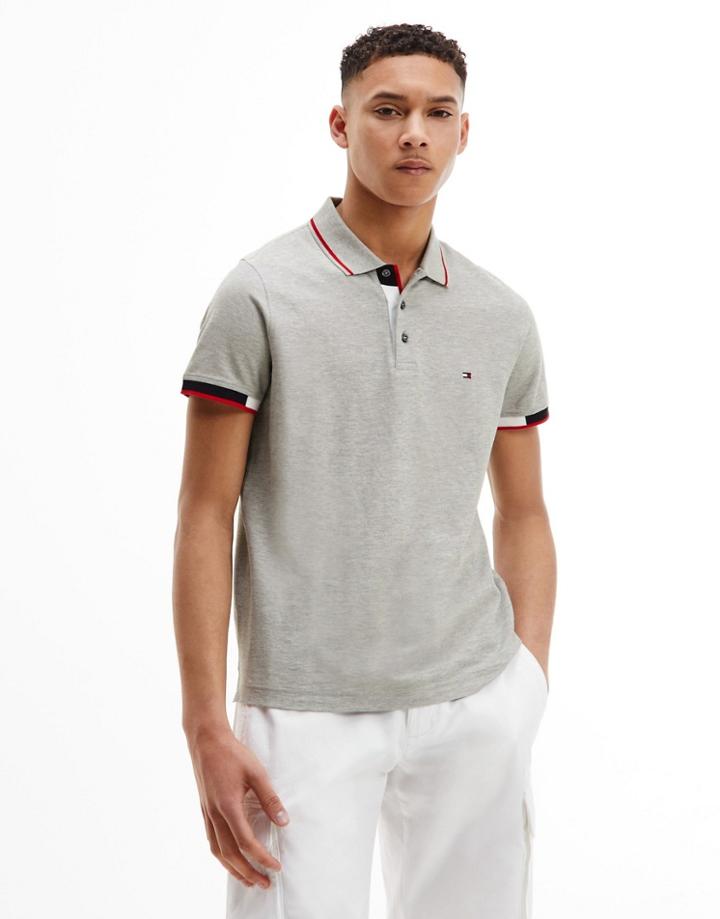Tommy Hilfiger Collar And Cuff Logo Slim Fit Polo In Gray