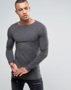 Asos Long Sleeve Extreme Muscle T-shirt With Boat Neck In Charcoal Marl - Gray