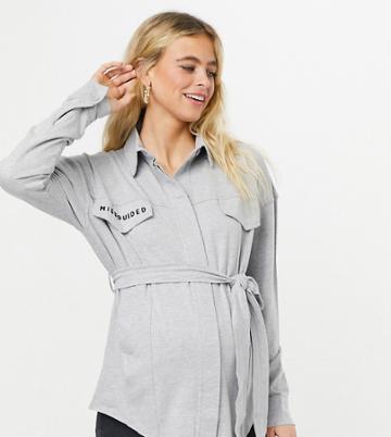 Missguided Maternity Belted Jersey Shirt With Embroidery Detail In Gray-grey