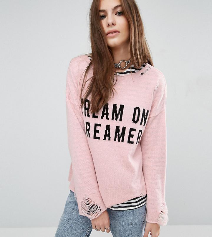 Reclaimed Vintage Distressed Sweater With Dream On Dreamer Slogan - Purple