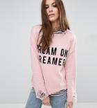 Reclaimed Vintage Distressed Sweater With Dream On Dreamer Slogan - Purple