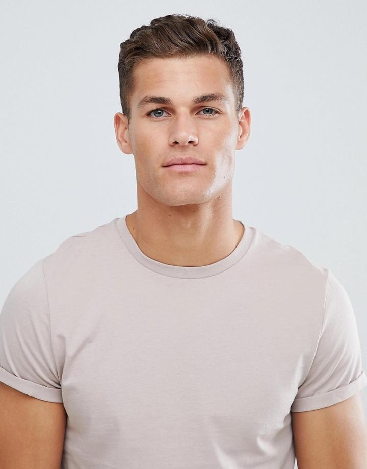 Asos Design T-shirt With Roll Sleeve In Gray - Pink