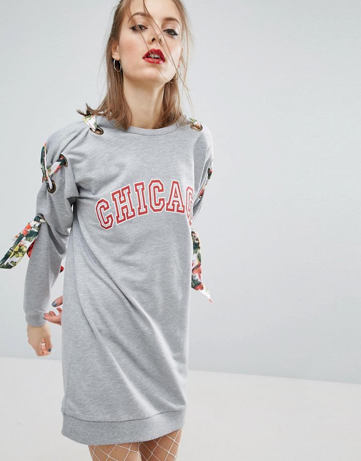 Asos Chicago Print Floral Tie Detail Sweat Dress - Gray