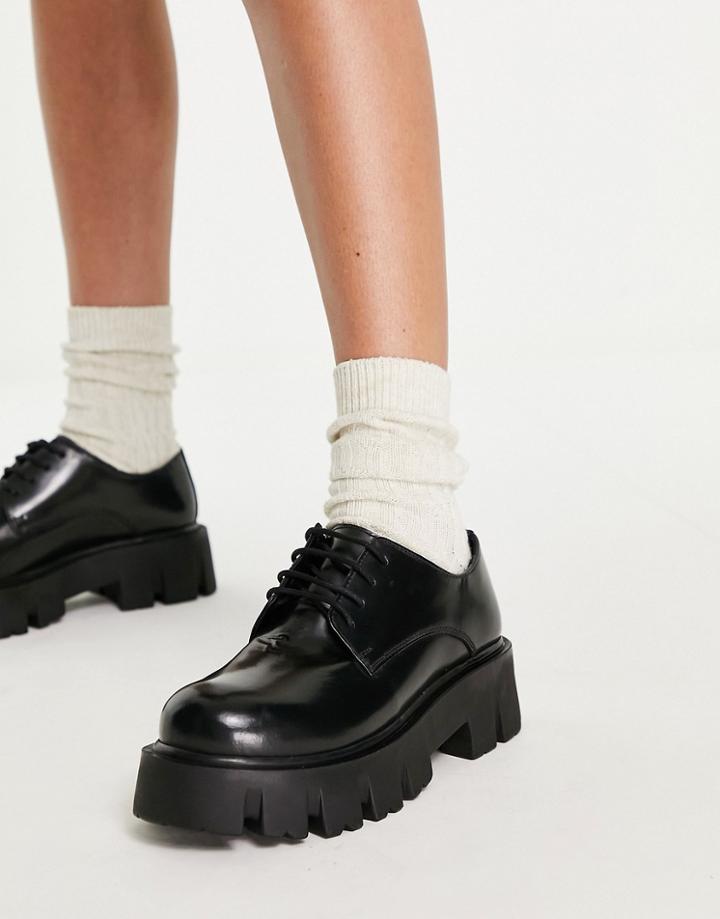 Asos Design Marcos Leather Chunky Lace Up Flat Shoes In Black