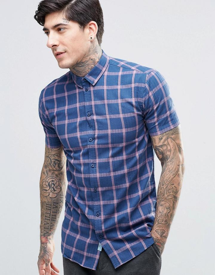 Minimum Button Down Check Shirt Pocket Short Sleeve - Navy