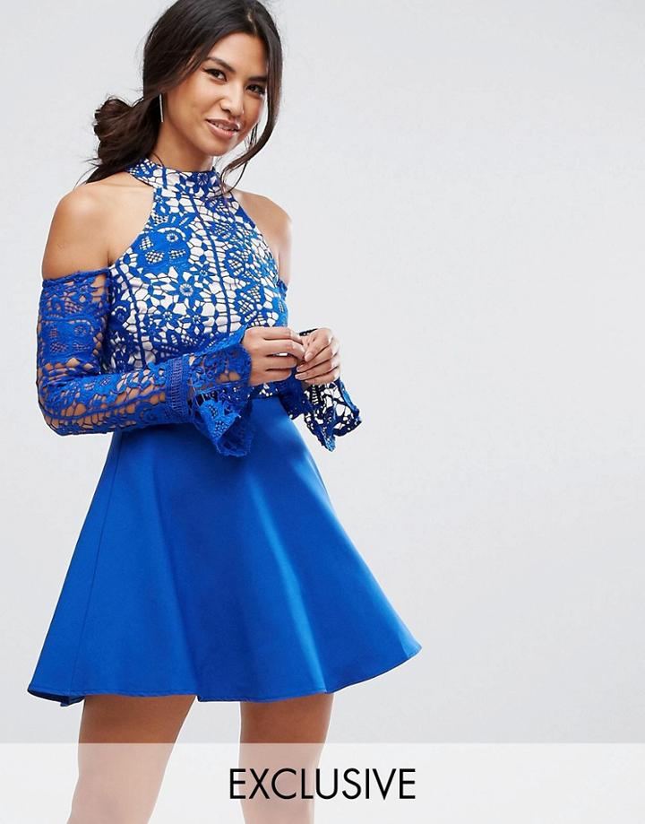 Missguided Lace Cold Shoulder Skater Dress - Blue