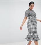 Asos Design Curve Midi Dress With Pep Hem In Contrast Check-multi