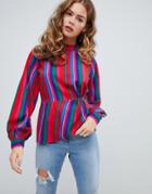 Asos Design High Neck Top With Tuck Detail In Stripe - Multi
