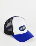 Asos Design Trucker Cap In Blue And White With Embroidery-multi