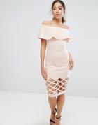 Ax Paris Pink Frill Bardot Bodycon With Cut Out Detail Dress - Pink