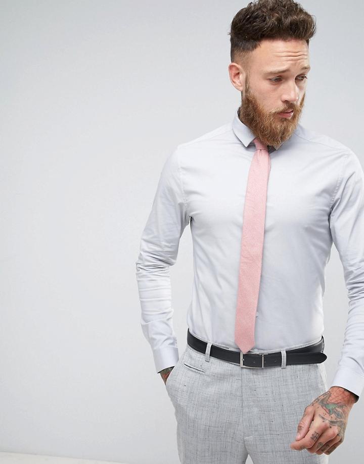 Asos Skinny Shirt In Gray With Pink Textured Tie Save - Gray