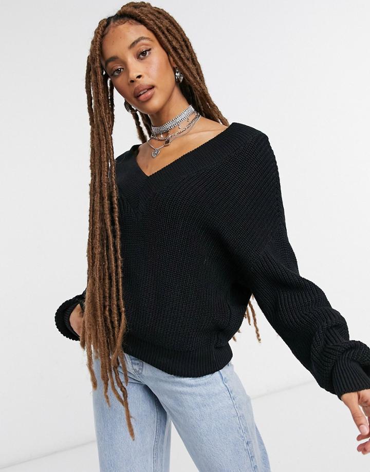 Na-kd Organic Cotton V Neck Rib Knitted Sweater In Black