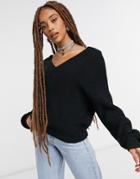 Na-kd Organic Cotton V Neck Rib Knitted Sweater In Black