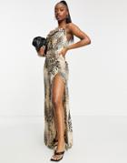 Saint Genies Cowl Front Satin Maxi Dress With High Thigh Split In Leopard Print-multi