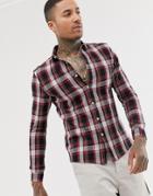 Asos Design Long Sleeve Stretch Skinny Fit Check Shirt In Brown And Pink