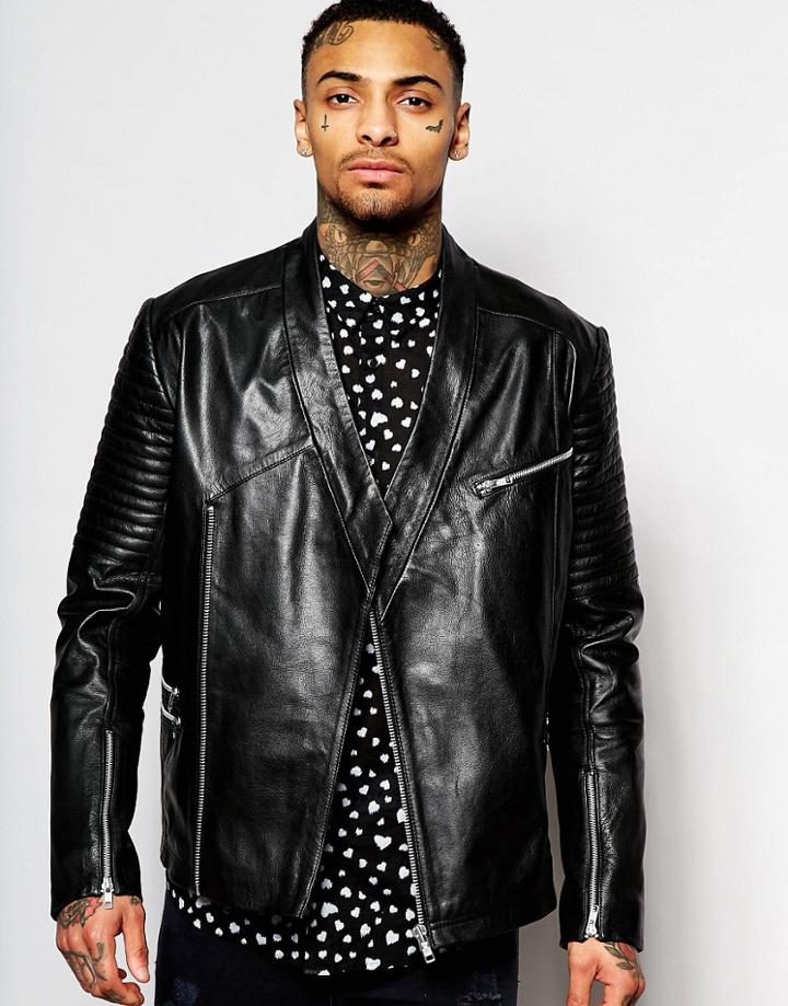 Asos Leather Jacket With Kimono Neckline - Black