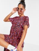 Flounce London Smock Dress With Frill Sleeve In Heart Print-multi